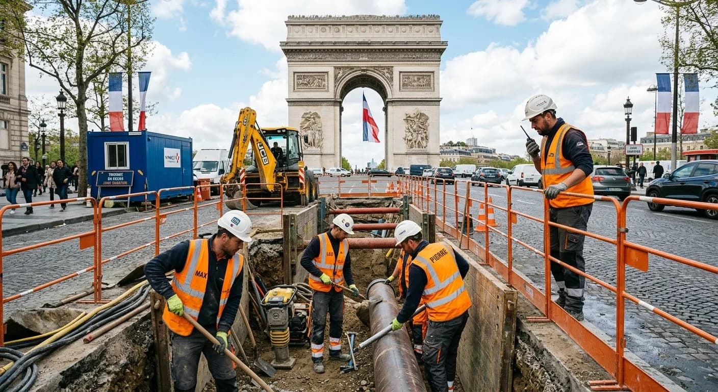 Illustration : une équipe en équipement de protection dans une tranchée balisée, devant l'Arc de Triomphe